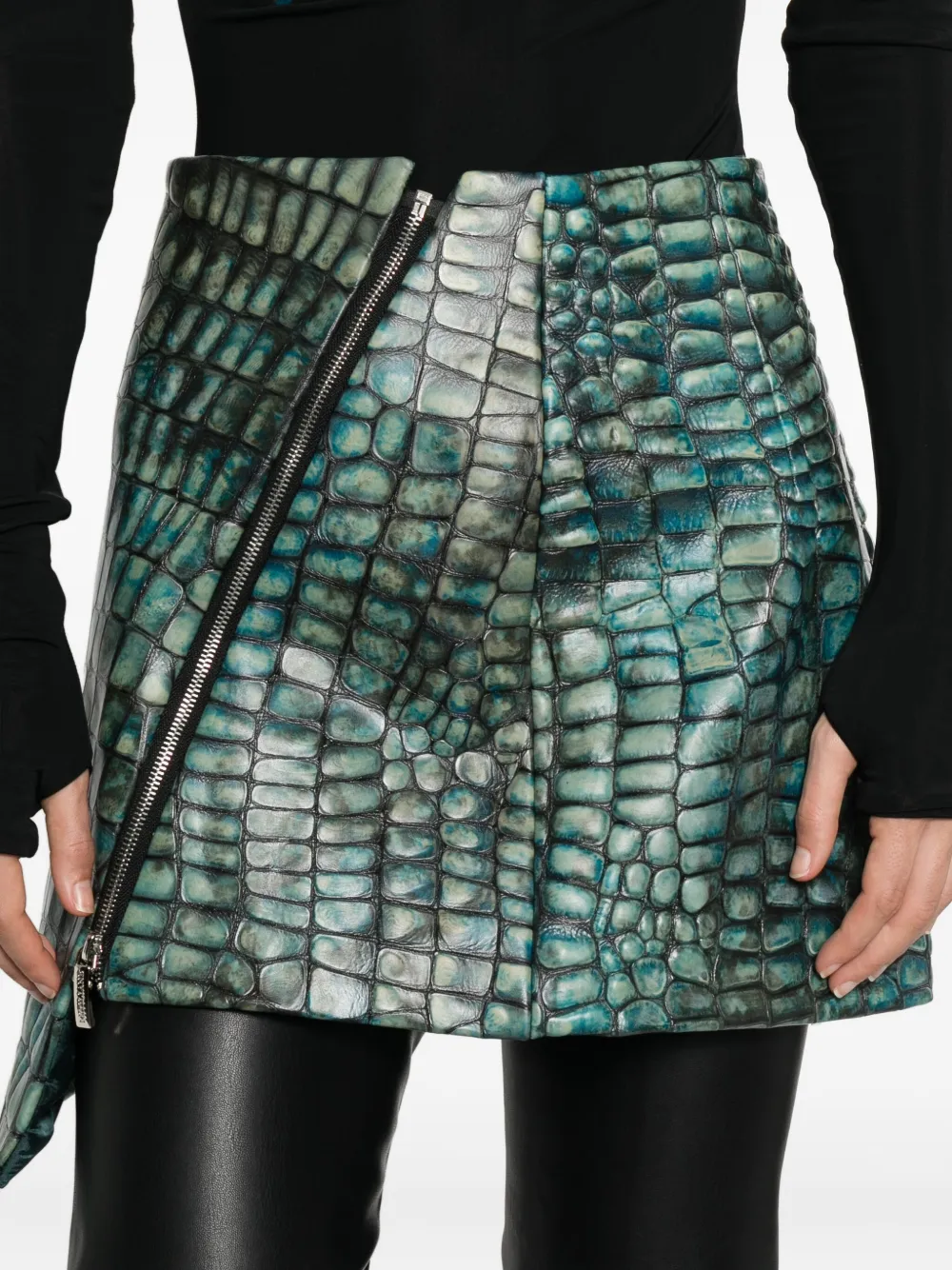 Mitiliane Couture Embossed Leather Croc Effect Skirt In Green