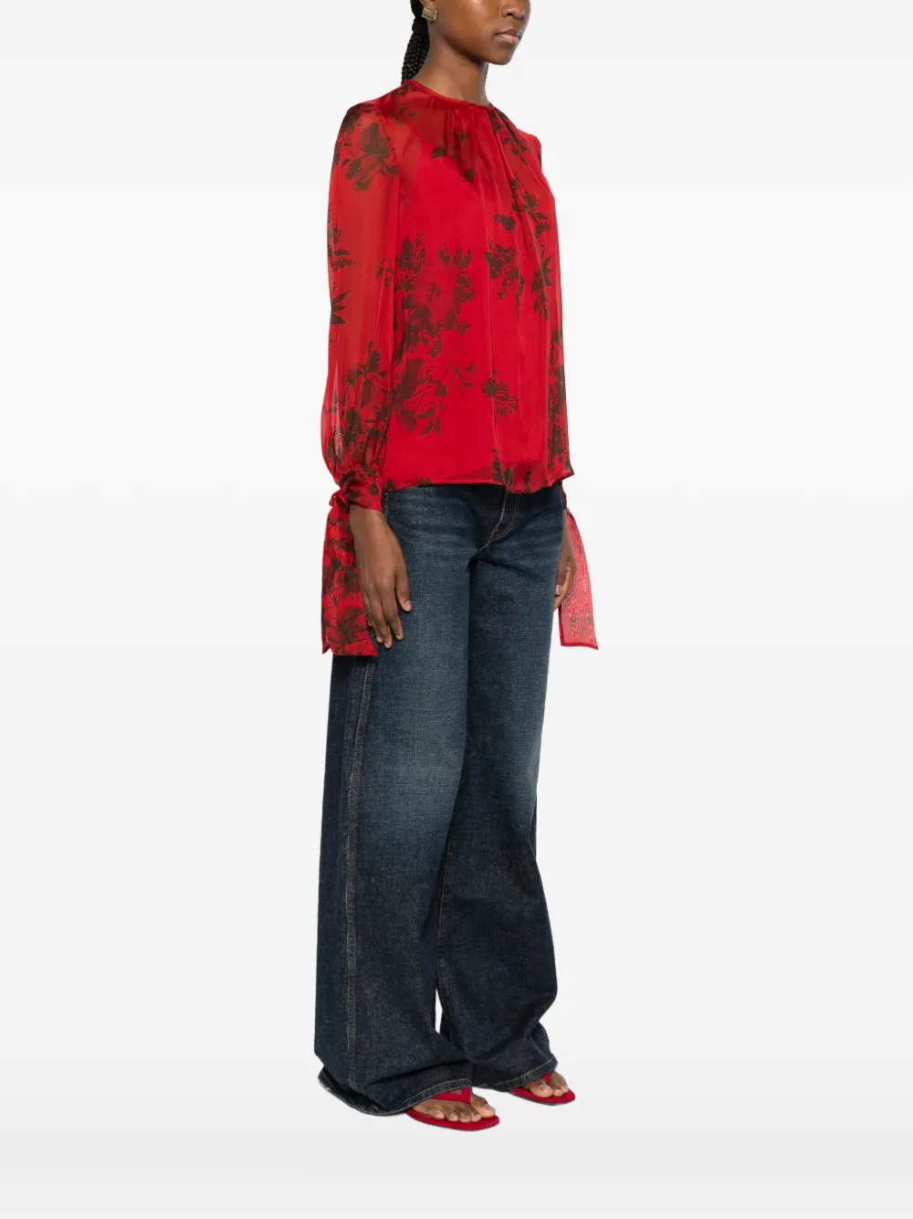 Max Mara Floral-print Tie-cuff Blouse In Red