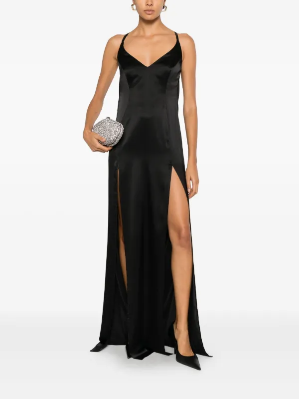 knee length dresses for ladies Weslyn Black Satin Lace High Slit Dress