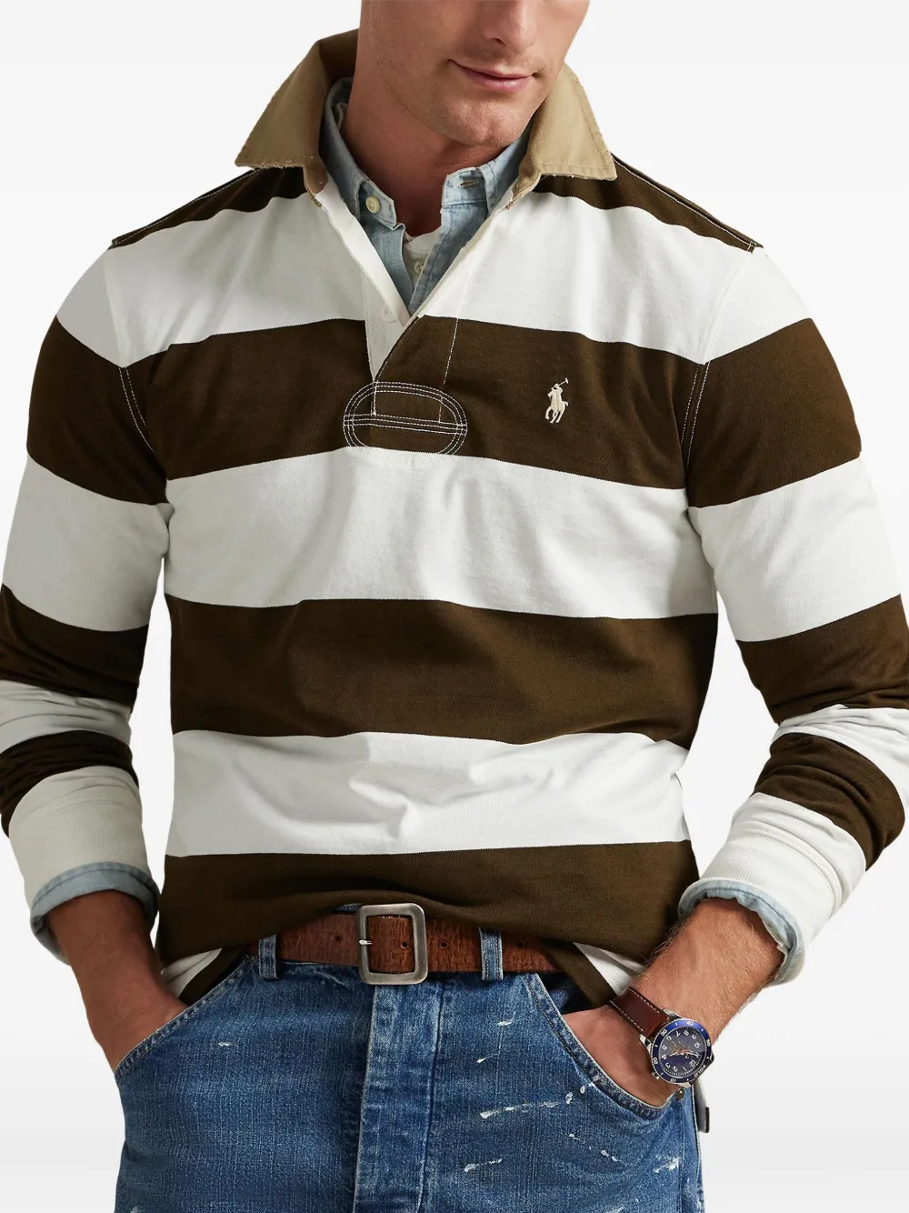 Polo Ralph Lauren Classic Fit Khaki Collar Rugby Shirt In Brown