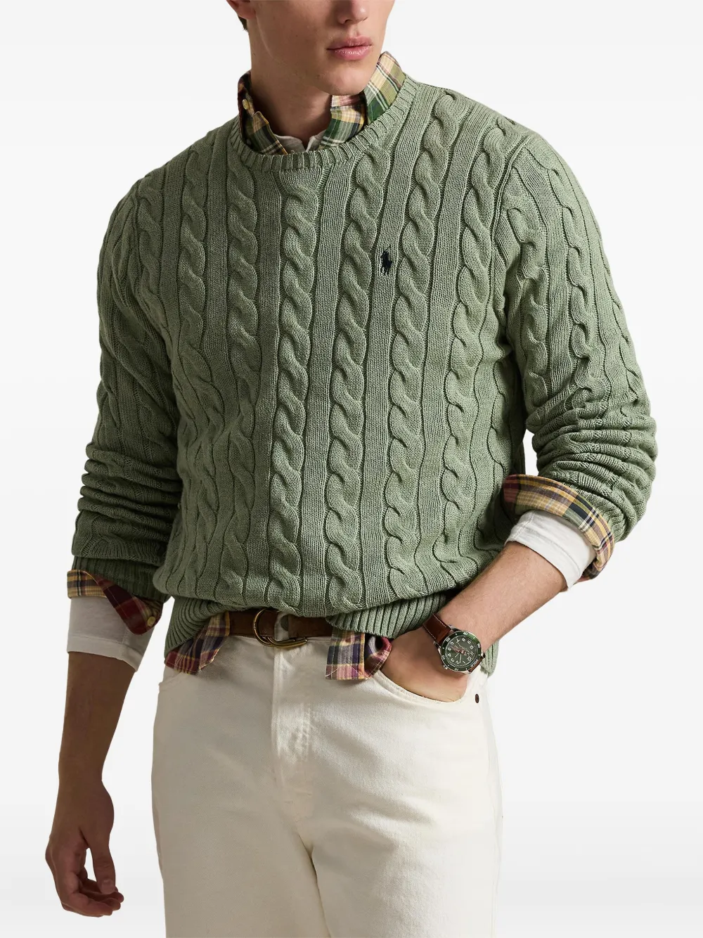 Polo Ralph Lauren Cable Knit Cotton Crewneck Sweater In Green
