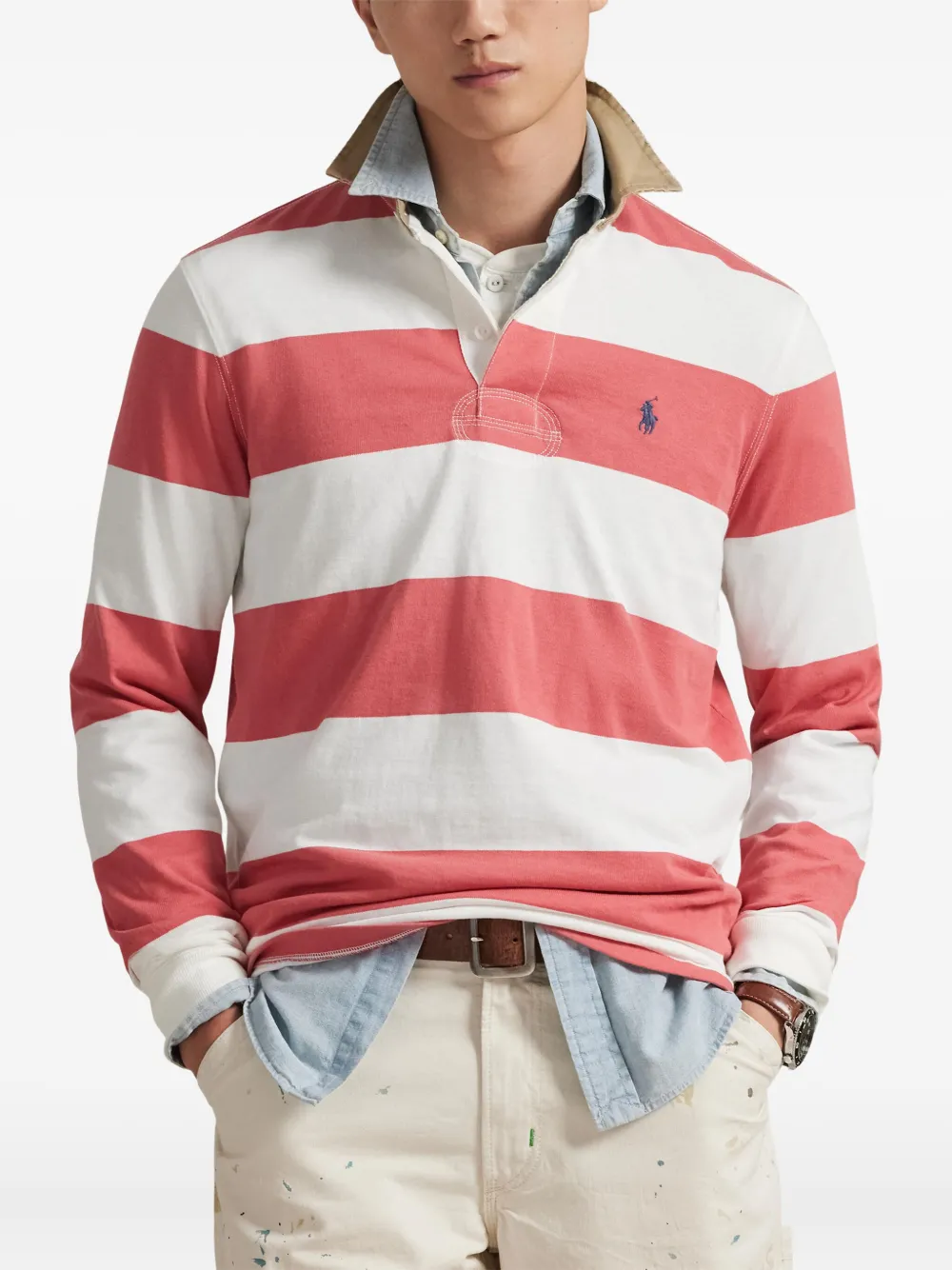 Polo Ralph Lauren Classic Fit Khaki Collar Rugby Shirt In Red