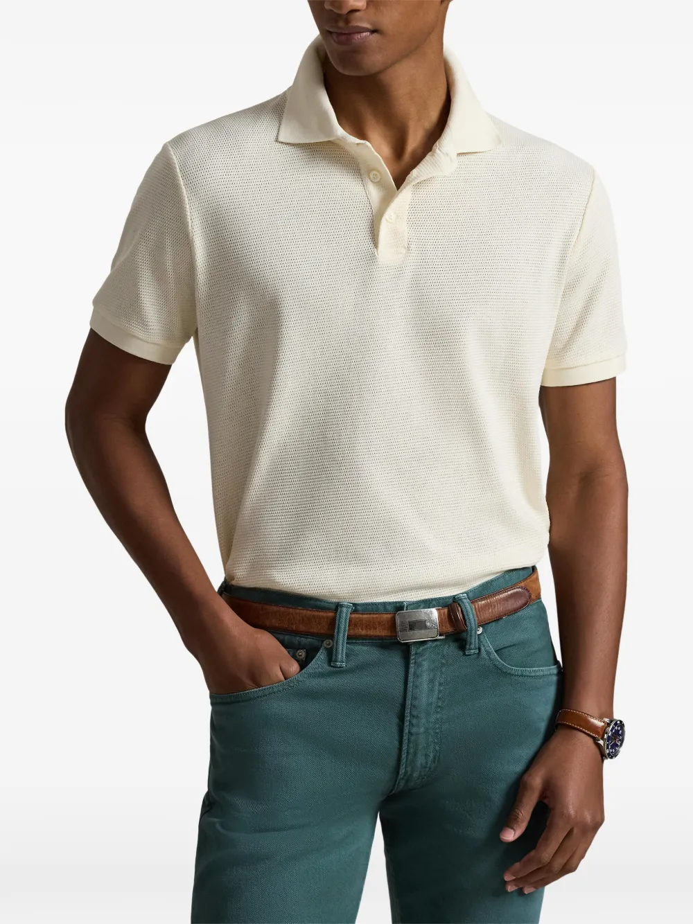 pointelle-fabric short-sleeve polo shirt