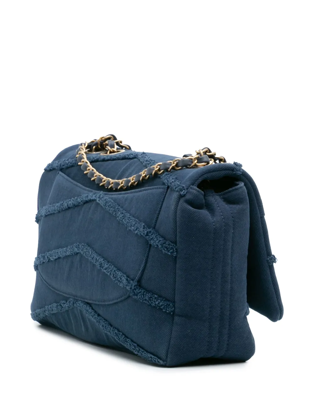 Pre-owned Chanel 2019 Jumbo Chevron Denim Fringe Coco Flap Crossbody Bag In Blue