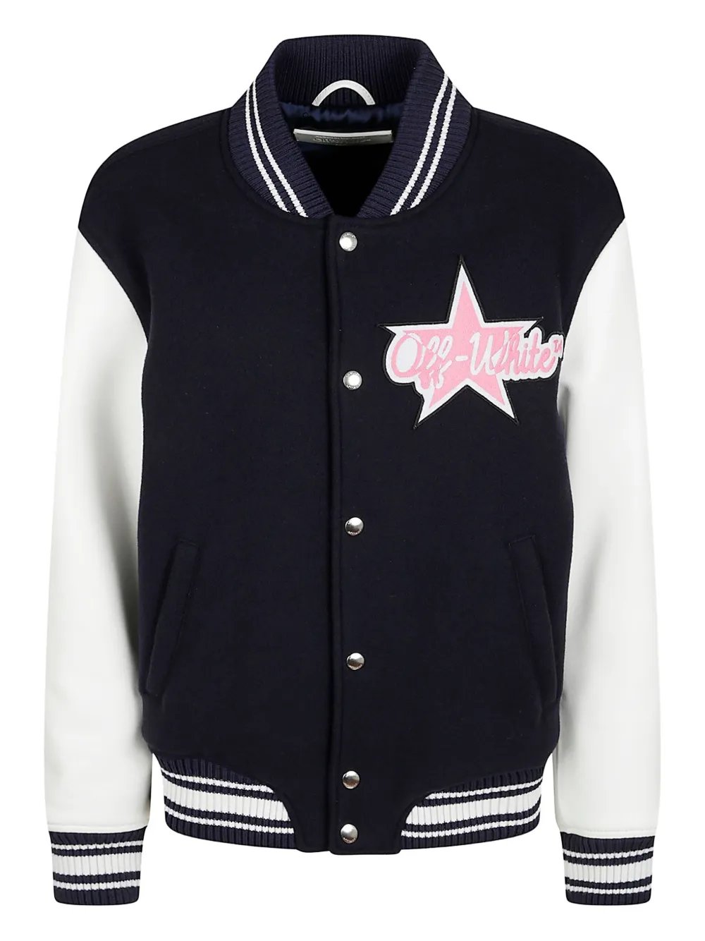 Off-white Varsity Jacket With Ribbed Collar And Contrast Sleeves In Blue