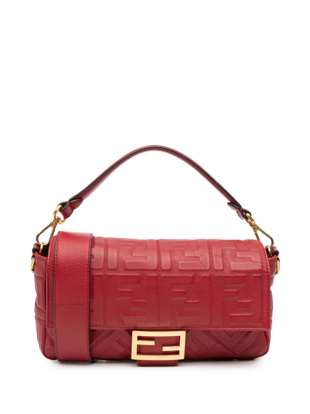 Pre-owned Fendi 2010-2025 Zucca Embossed Leather Baguette Satchel In Red
