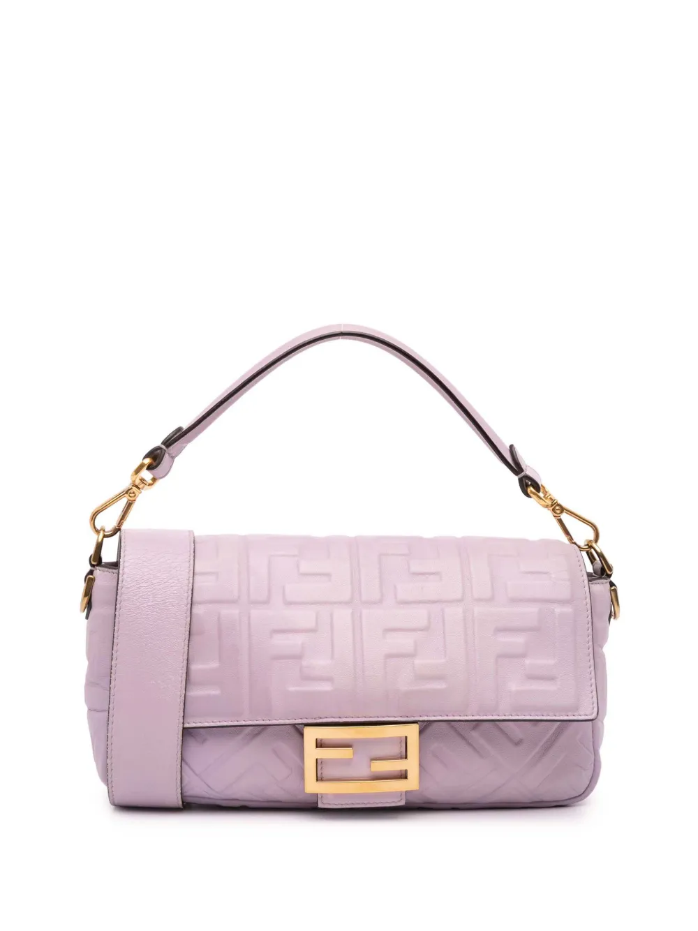 Pre-owned Fendi 2010-2025 Zucca Embossed Leather Baguette Satchel In Purple