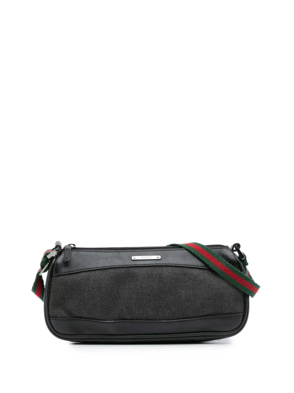 Pre-owned Gucci 2000-2015 Denim Web Shoulder Bag In Black