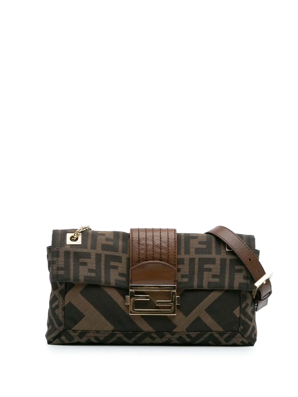 Pre-owned Fendi 2010-2025 Zucca Canvas And Leather Chain Maxi Baguette Crossbody Bag In Brown