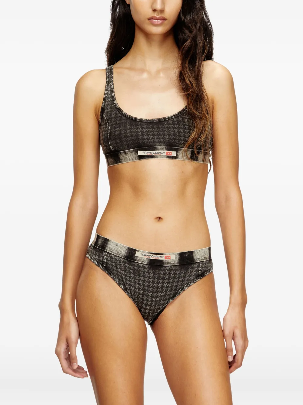 Diesel Ariel Dnm Houndstooth Print Cotton Bra In Gray