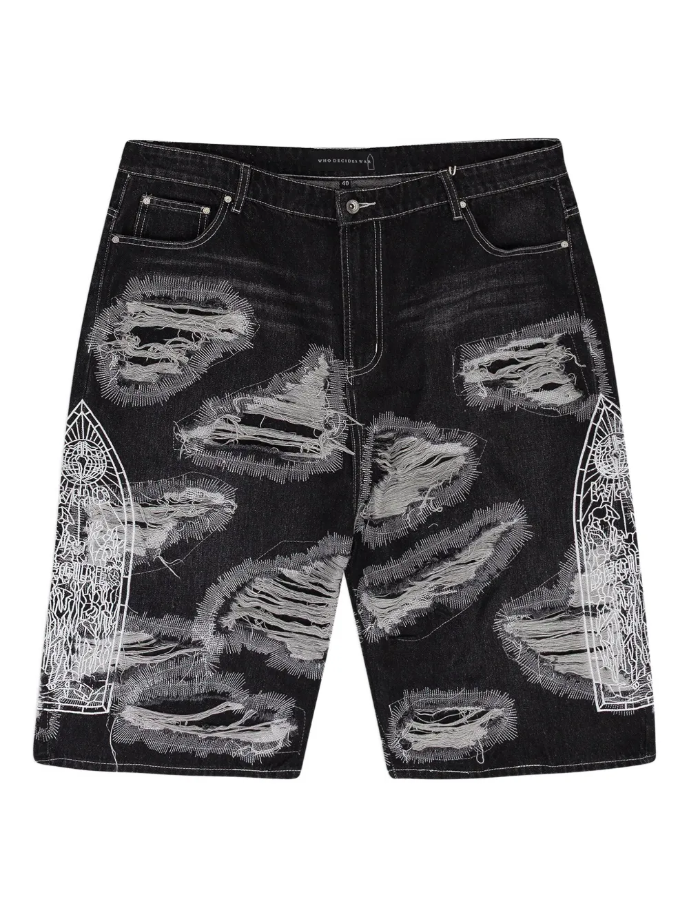 Who Decides War Darning Embroidered Denim Shorts In Black