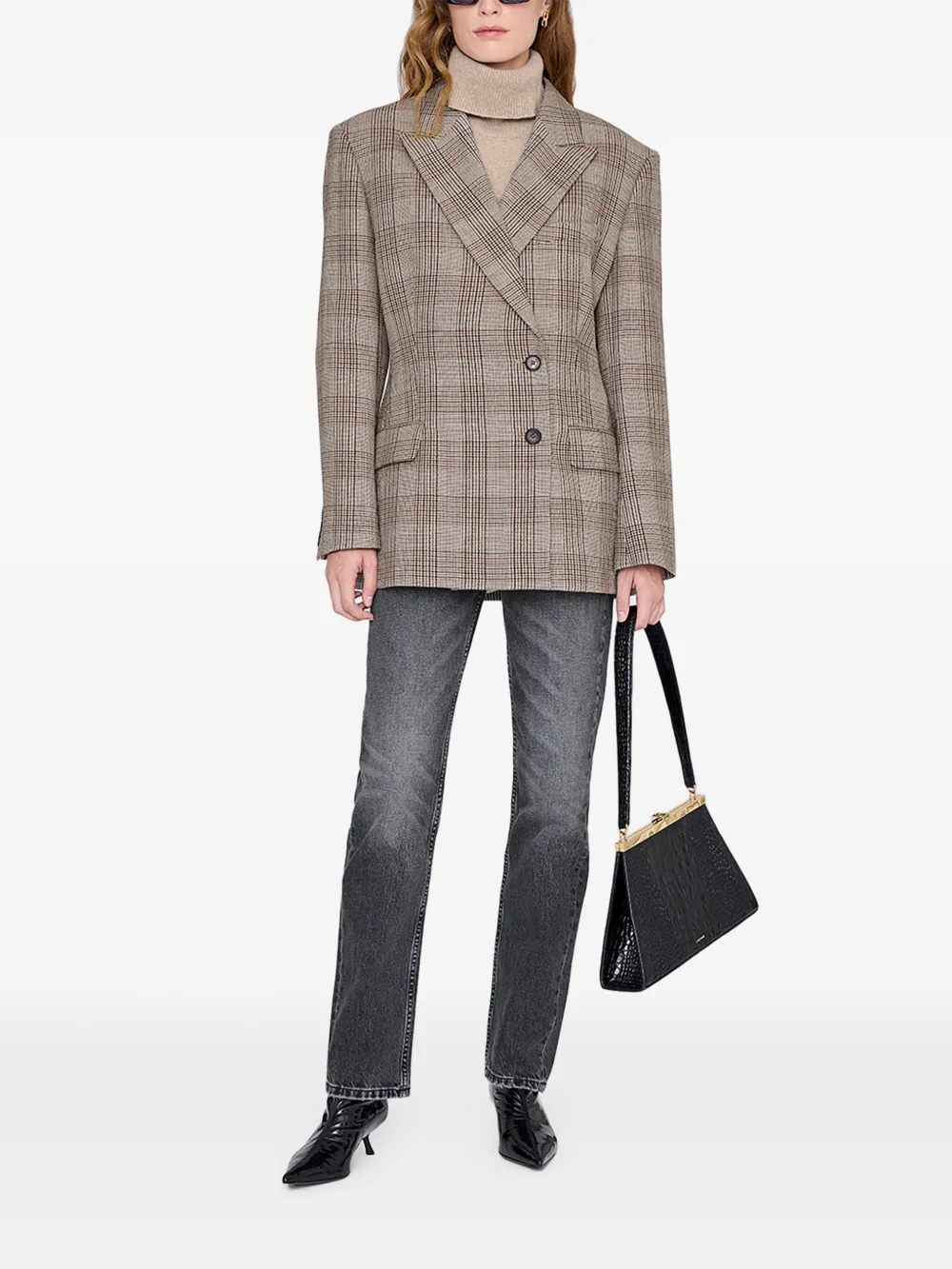 Anine Bing Aretha Plaid Button Blazer - Brown 