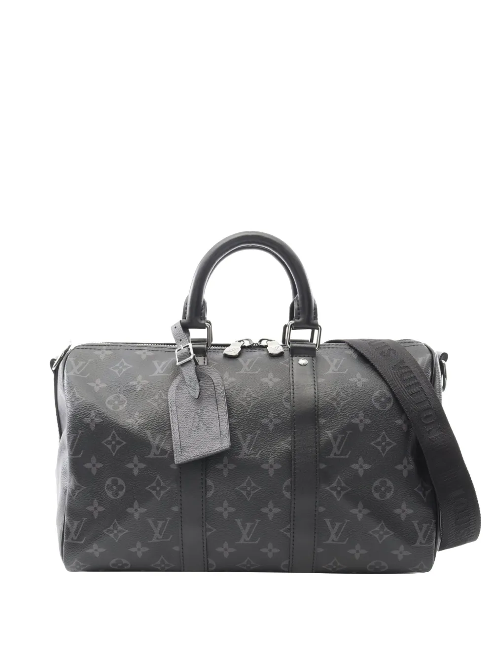 Pre-owned Louis Vuitton 2021-2025 Monogram Eclipse Keepall Bandouliere 35 Satchel In Black