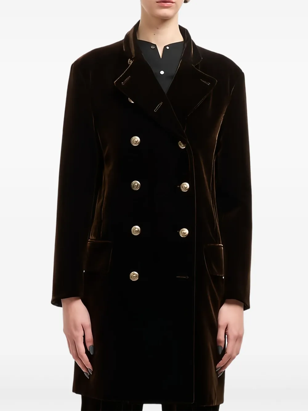 Giorgio Armani Velvet-effect Double-breasted Coat In Brown