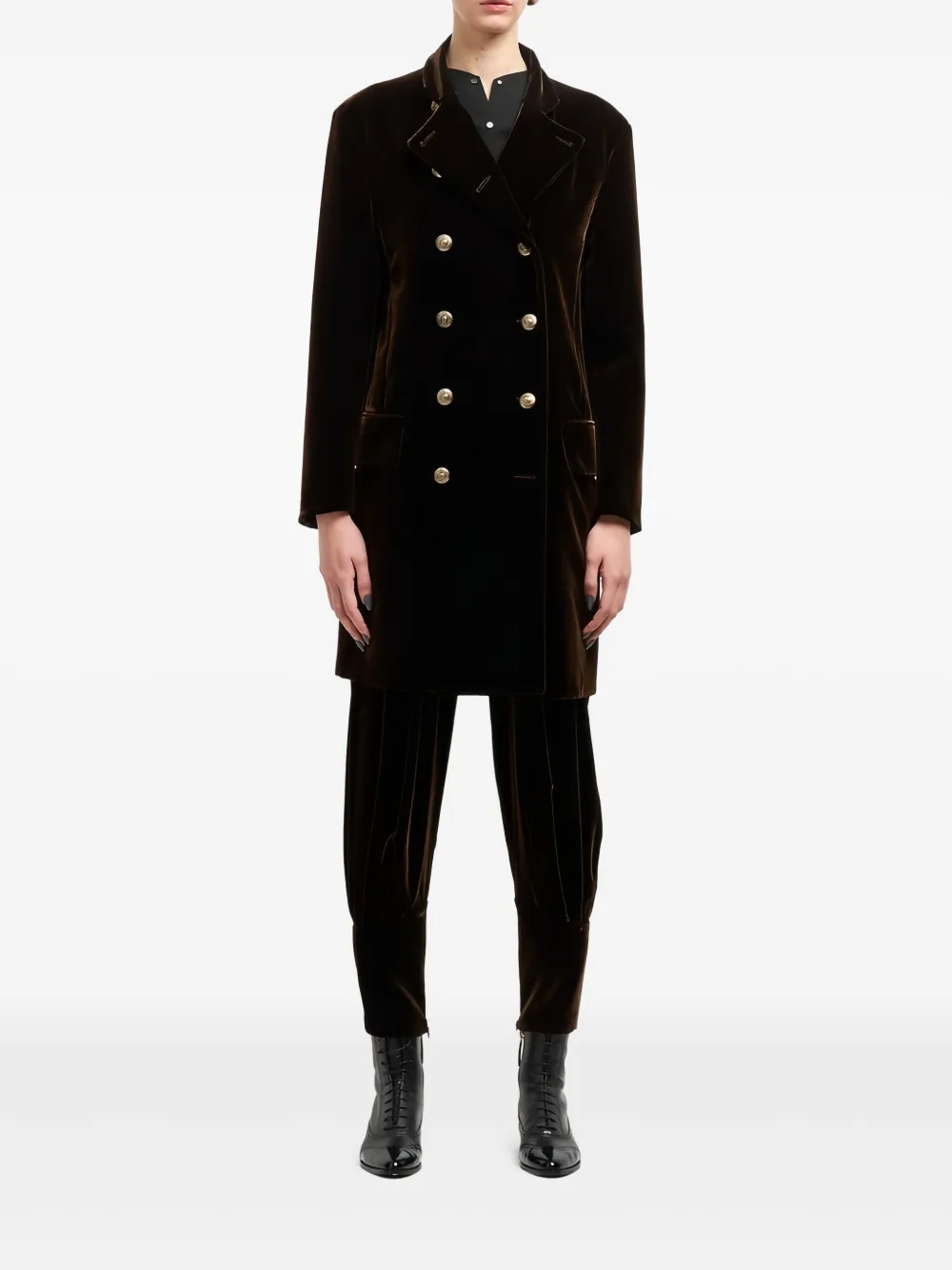Giorgio Armani Velvet-effect Double-breasted Coat In Brown