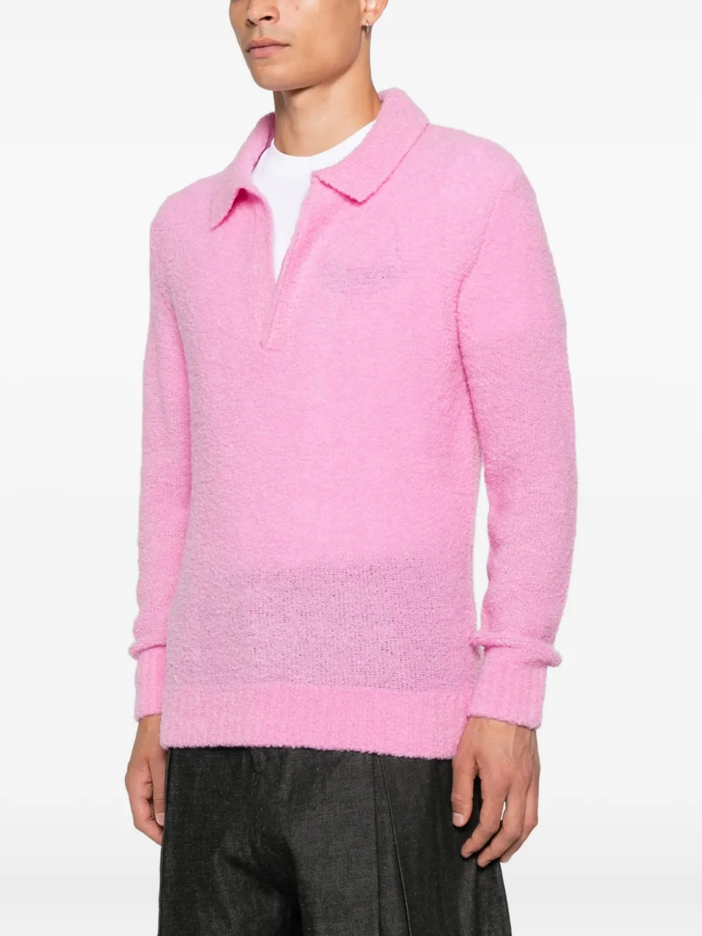 Seven Gauge Polo-collar V-neck Sweater In Pink