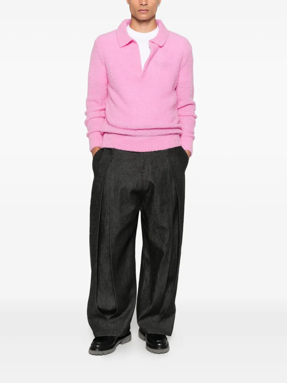 Seven Gauge Polo-collar V-neck Sweater In Pink