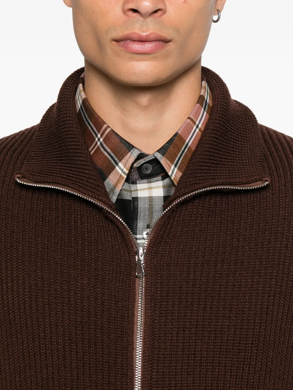 Seven Gauge Zip-up High-neck Cardigan In Brown