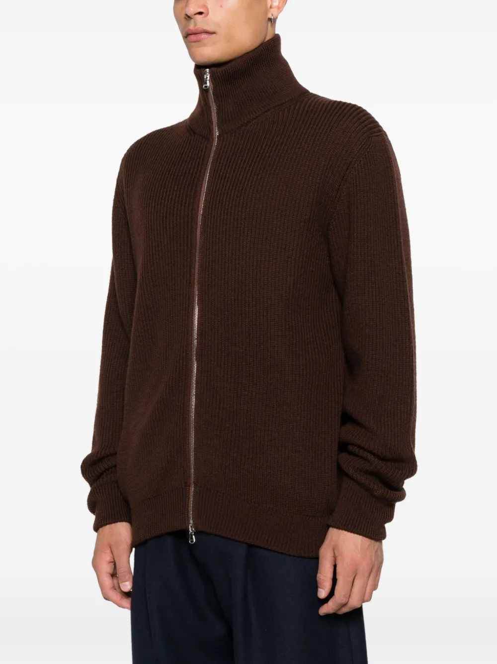 Seven Gauge Zip-up High-neck Cardigan In Brown