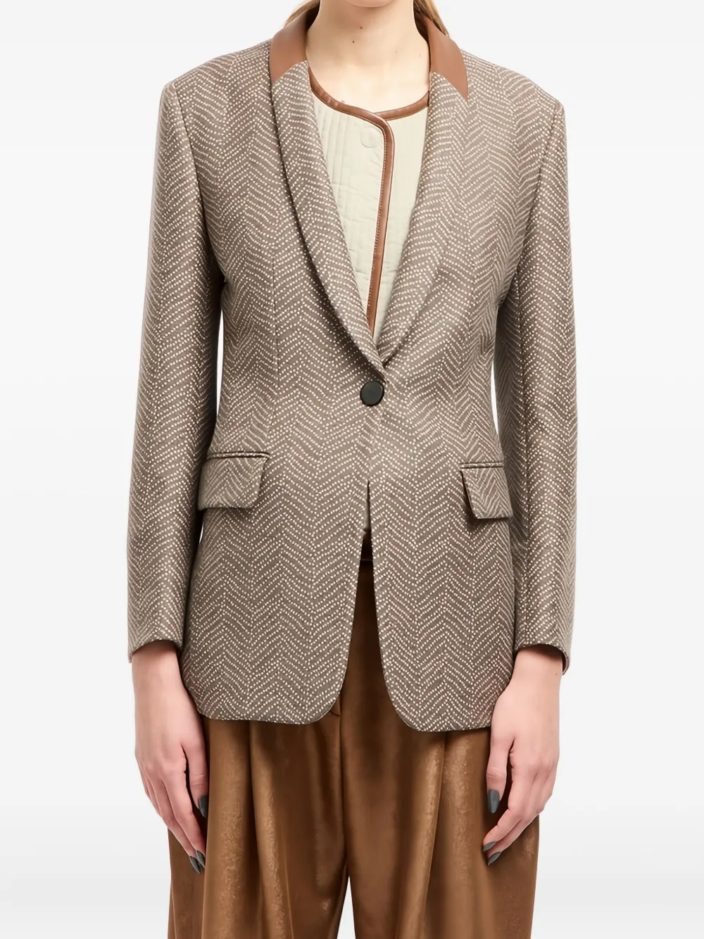 Giorgio Armani Chevron Wool Single-breasted Blazer With Leather Trim In Multi