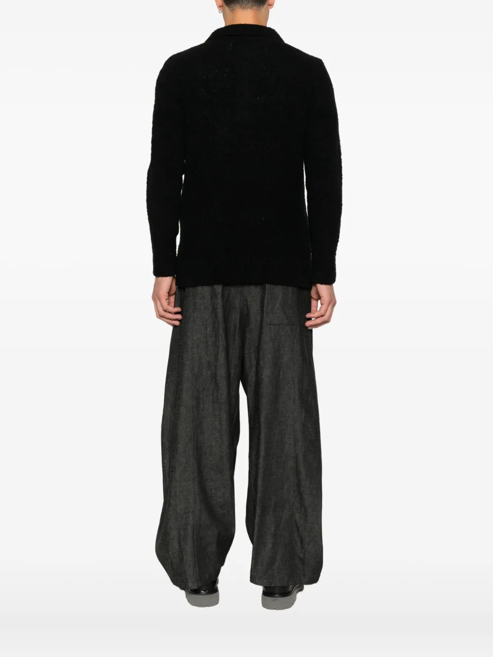 Seven Gauge Polo-collar Long-sleeve Sweater In Black