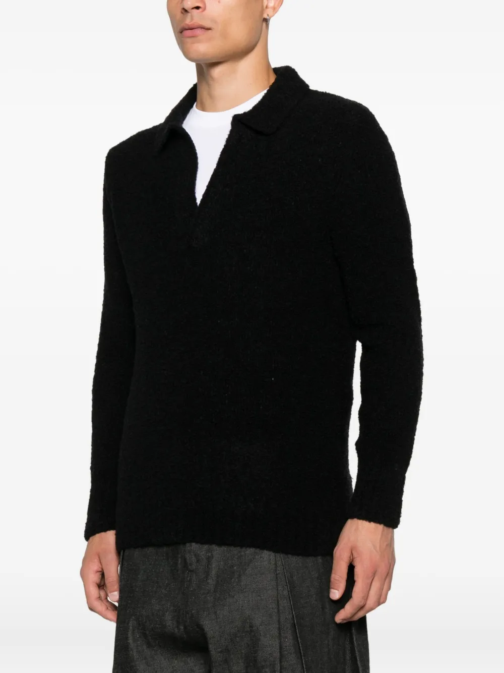 Seven Gauge Polo-collar Long-sleeve Sweater In Black