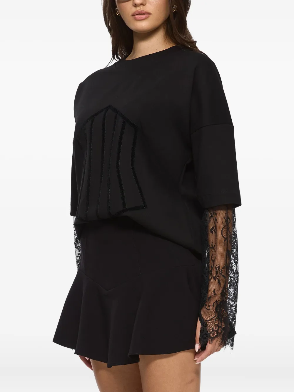  Hamza Venice Lace-sleeve Panelled Top - Black 