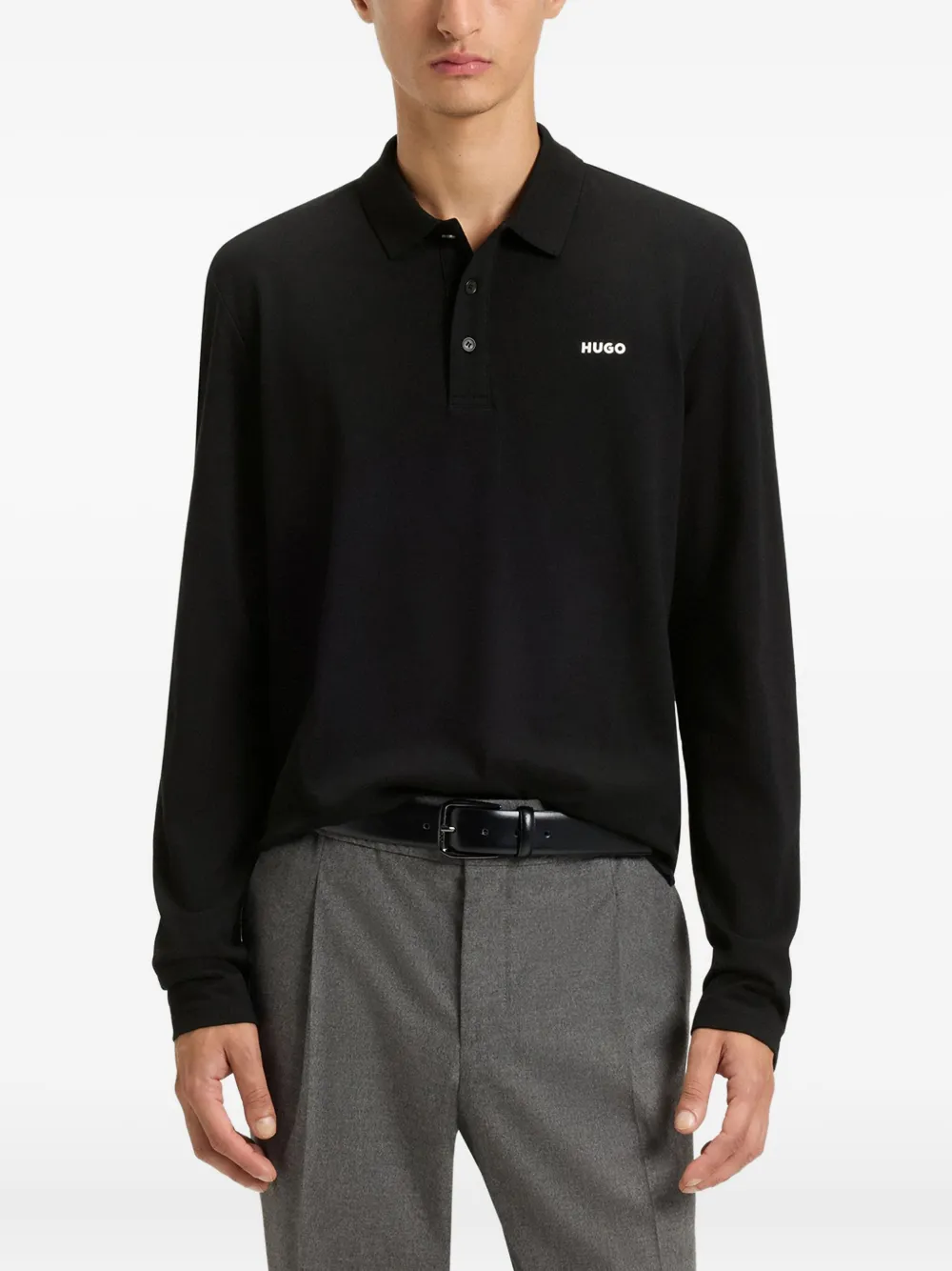 Hugo Boss Long-sleeved Logo Polo Shirt In Black