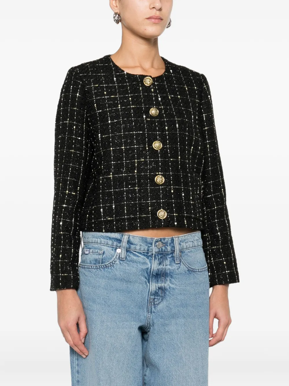  Dkny Check-pattern Cropped Jacket - Black 