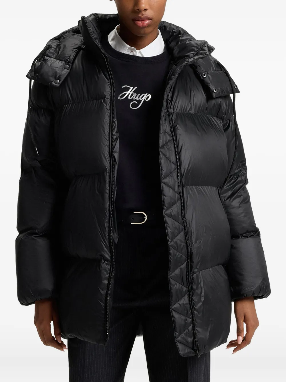 Hugo Boss Hooded Belted Coat In Black