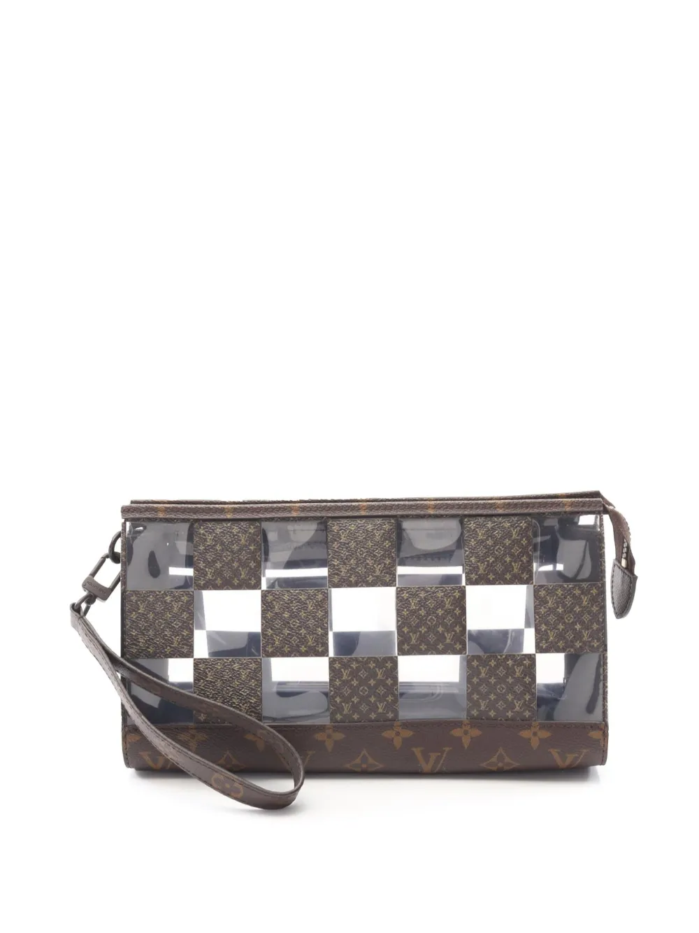 Pre-owned Louis Vuitton 2021-2025 Pvc And Monogram Chess Standing Pouch Clutch Bag In Brown