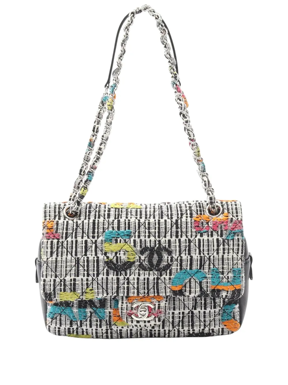 Pre-owned Chanel 2015-2016 Quilted Tweed Fantasy Easy Flap Shoulder Bag In White