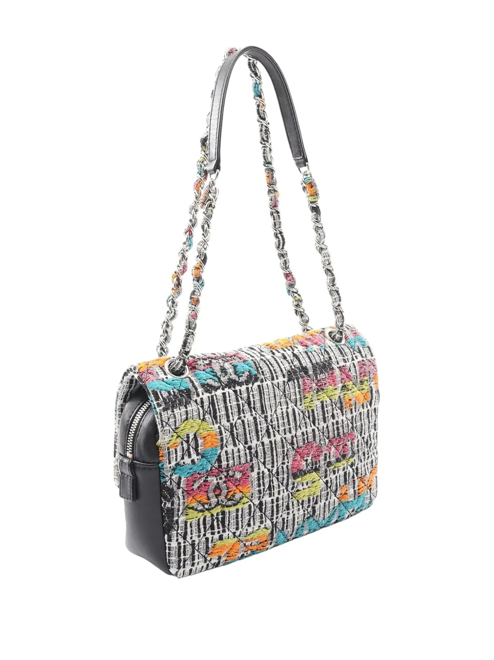 Pre-owned Chanel 2015-2016 Quilted Tweed Fantasy Easy Flap Shoulder Bag In White