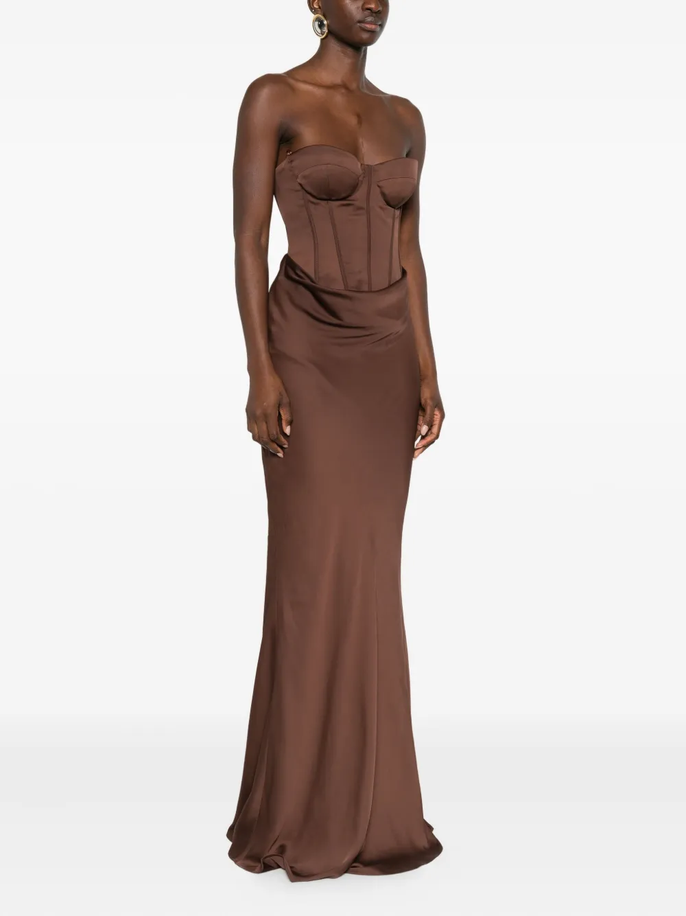 Rotate Birger Christensen Strapless Satin Corset Maxi Dress In Brown