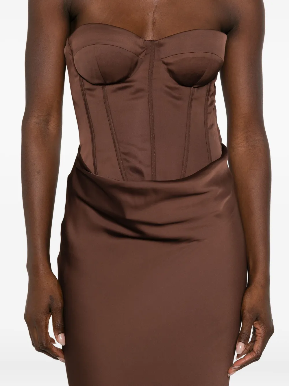 Rotate Birger Christensen Strapless Satin Corset Maxi Dress In Brown