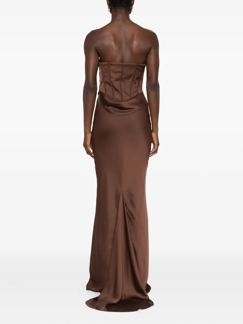 Rotate Birger Christensen Strapless Satin Corset Maxi Dress In Brown