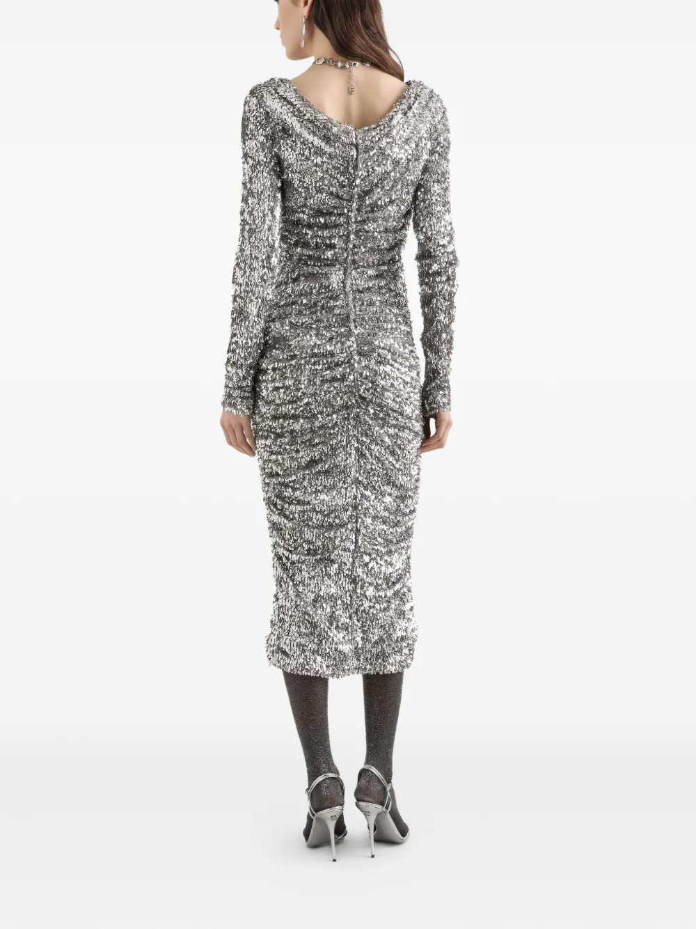 Dolce & Gabbana Draped Sequin Midi Dress In Silver