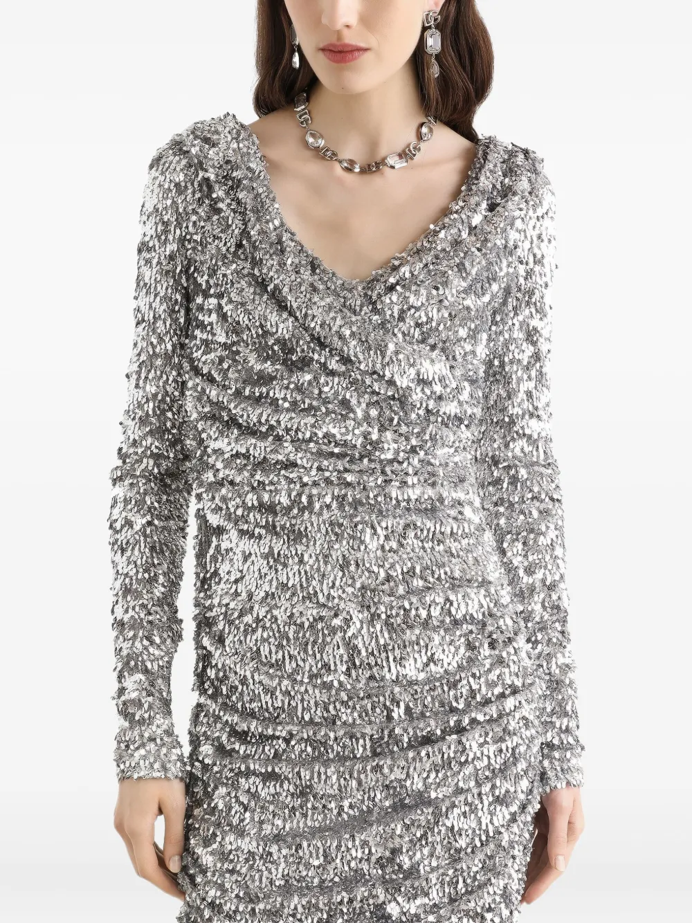 Dolce & Gabbana Draped Sequin Midi Dress In Silver