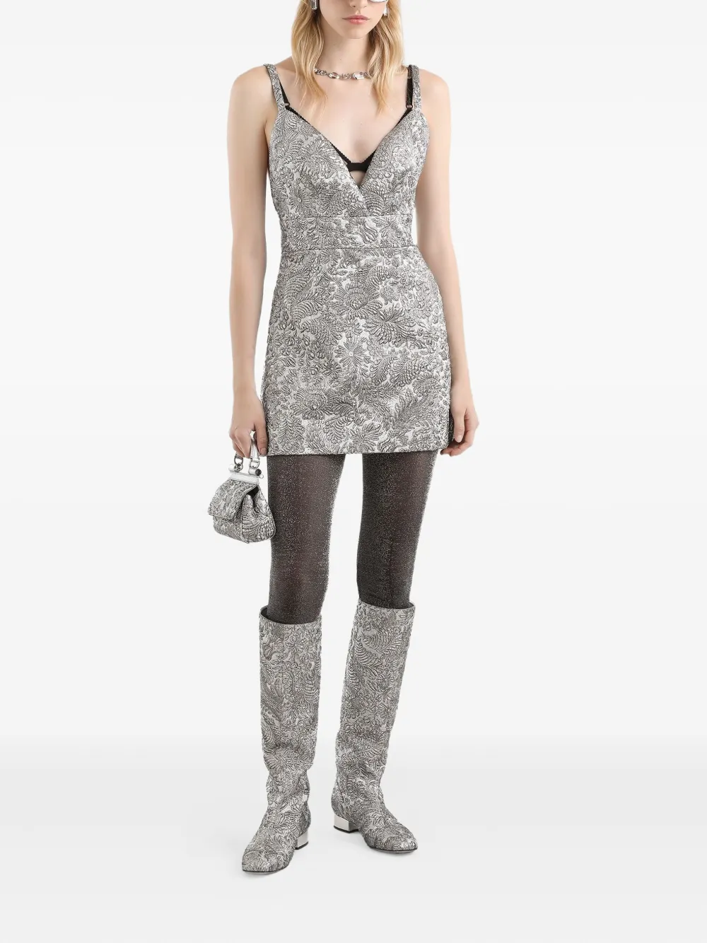 Dolce & Gabbana Floral-jacquard Dress In Silver