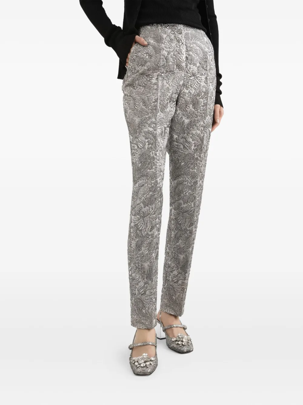 Dolce & Gabbana Floral-jacquard Trousers In Silver