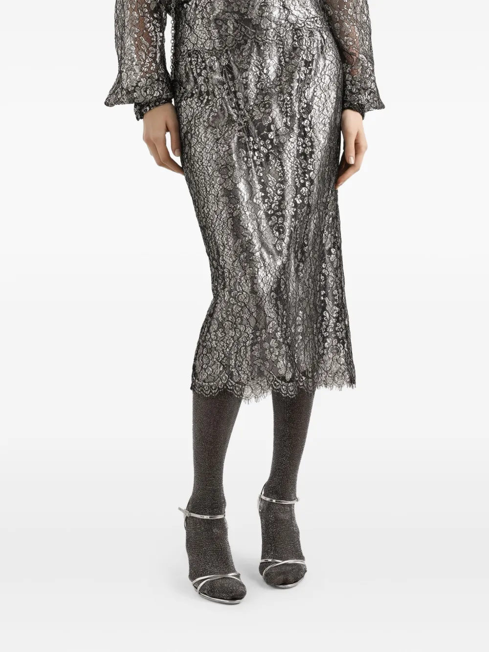 Dolce & Gabbana Lamé Lace Midi Skirt In Black