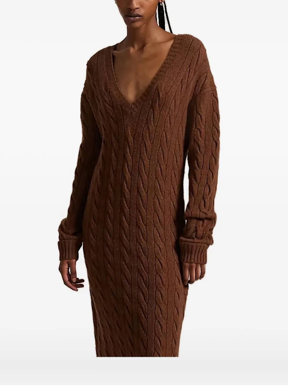 Polo Ralph Lauren Cable-knit V-neck Sweater Dress In Brown