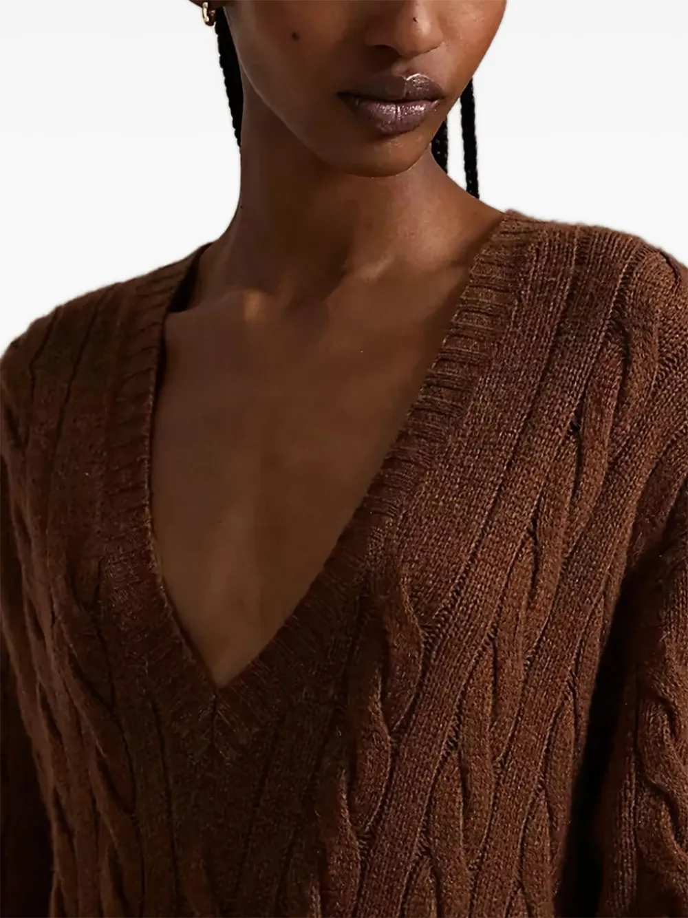 Polo Ralph Lauren Cable-knit V-neck Sweater Dress In Brown