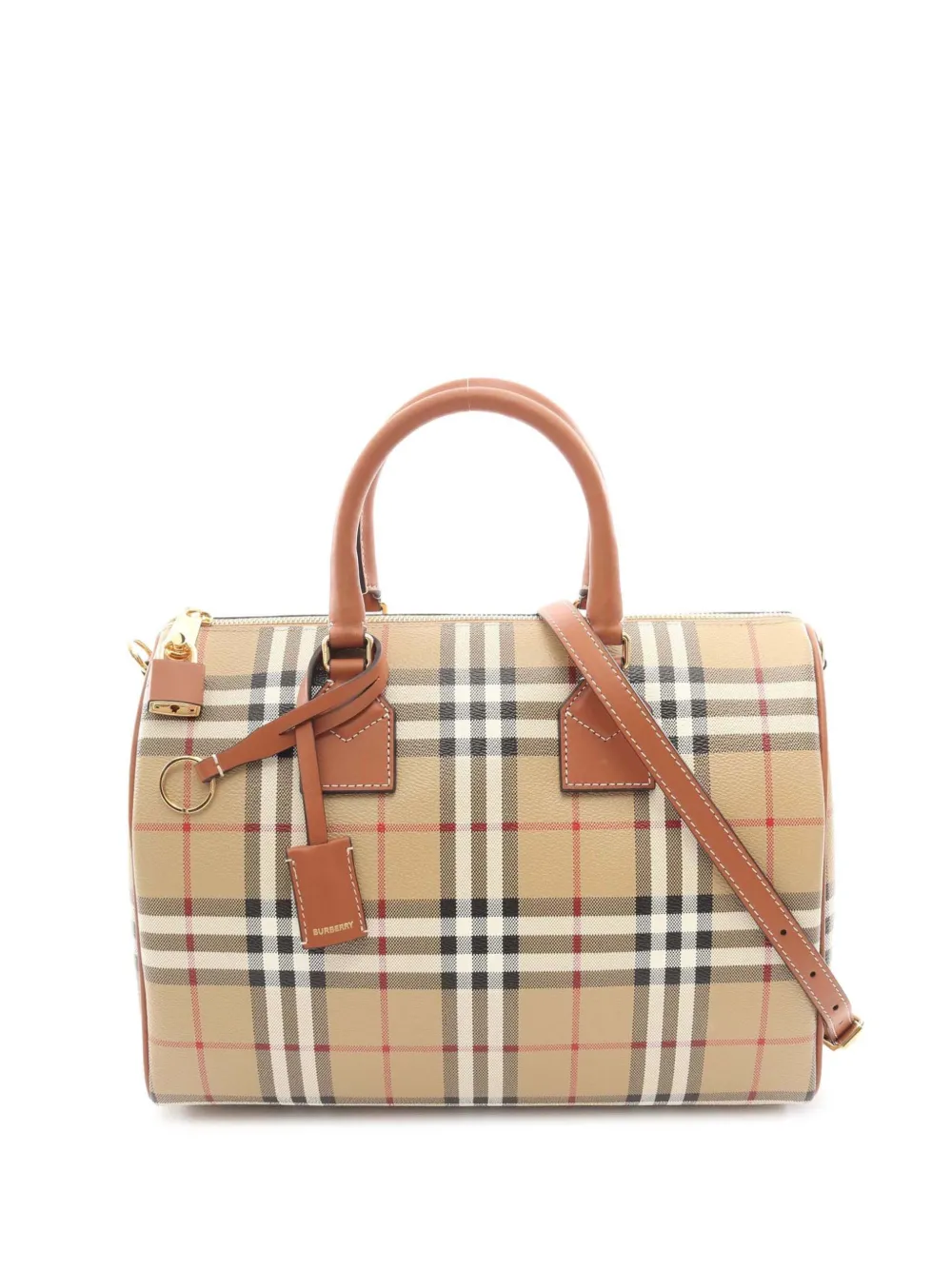 Pre-owned Burberry 2018-2025 Medium House Check Coated Canvas Bowling Bag Satchel In Brown