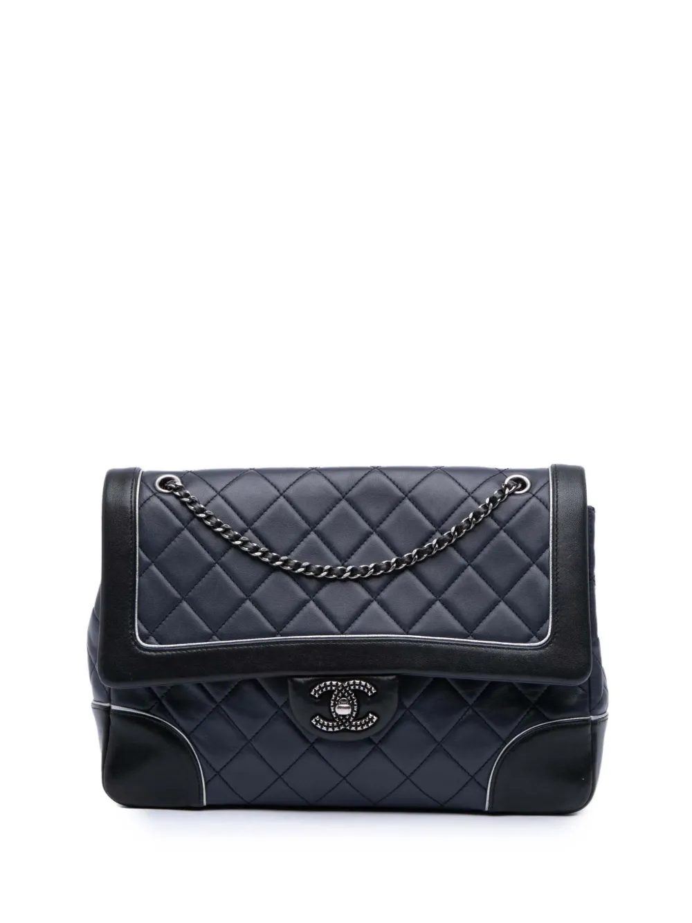Pre-owned Chanel 2015-2016 Paris-salzburg Jumbo Bicolor Quilted Lambskin Tyrolean Flap Crossbody Bag In Blue