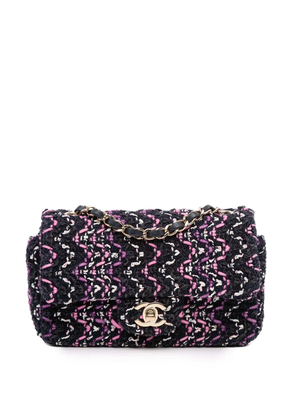 Pre-owned Chanel 2021 Mini Rectangular Classic Multicolor Cotton Stitched Single Flap Crossbody Bag In Purple