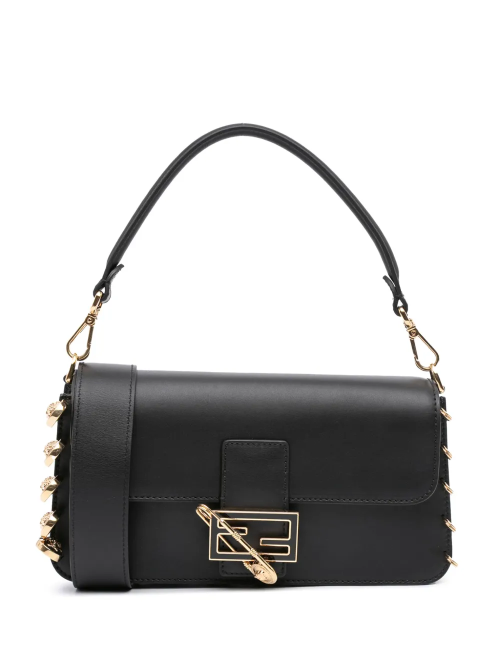 Pre-owned Fendi 2010-2025 Versace Vitello Seta Fendace Brooch Baguette Satchel In Black