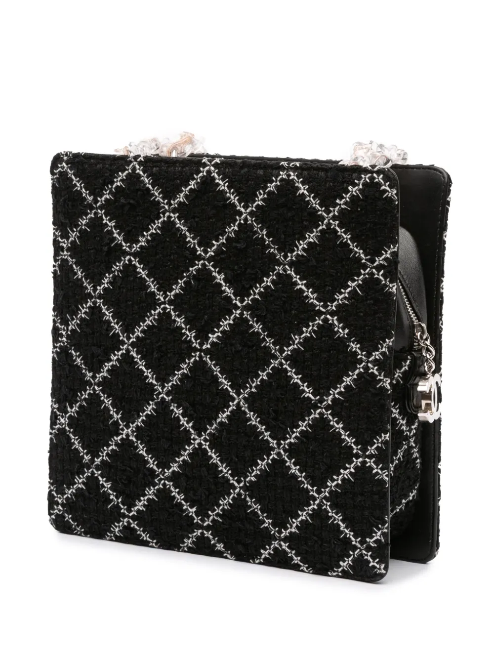 Pre-owned Chanel 2016-2017 Tweed And Resin Zipped Chain Shopping Bag Crossbody Bag In Black