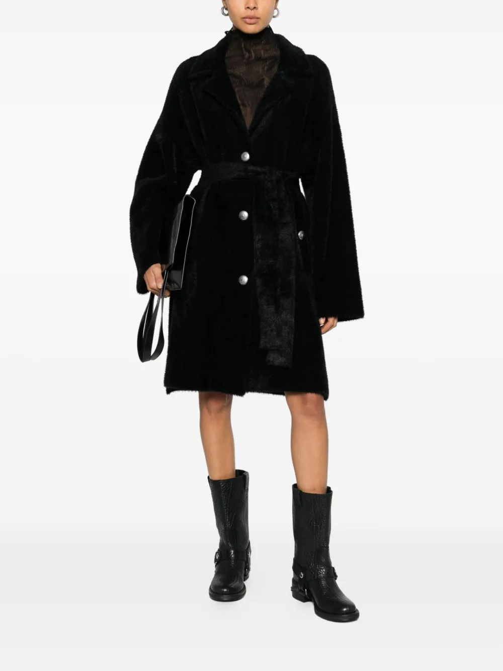 Pinko Belted Buttoned Coat In Black