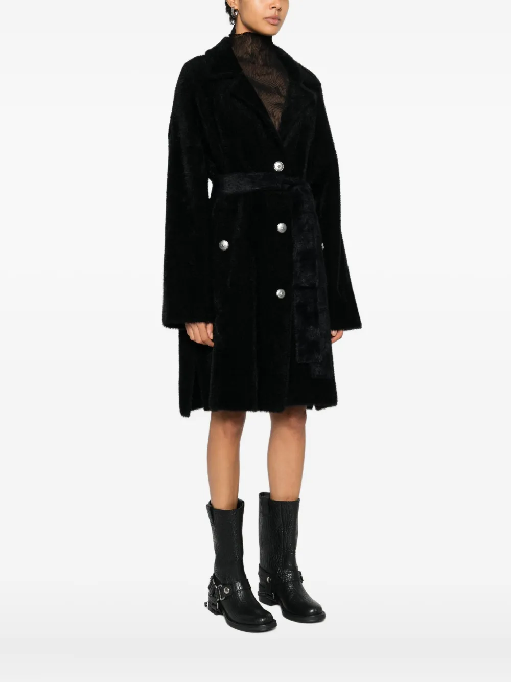 Pinko Belted Buttoned Coat In Black